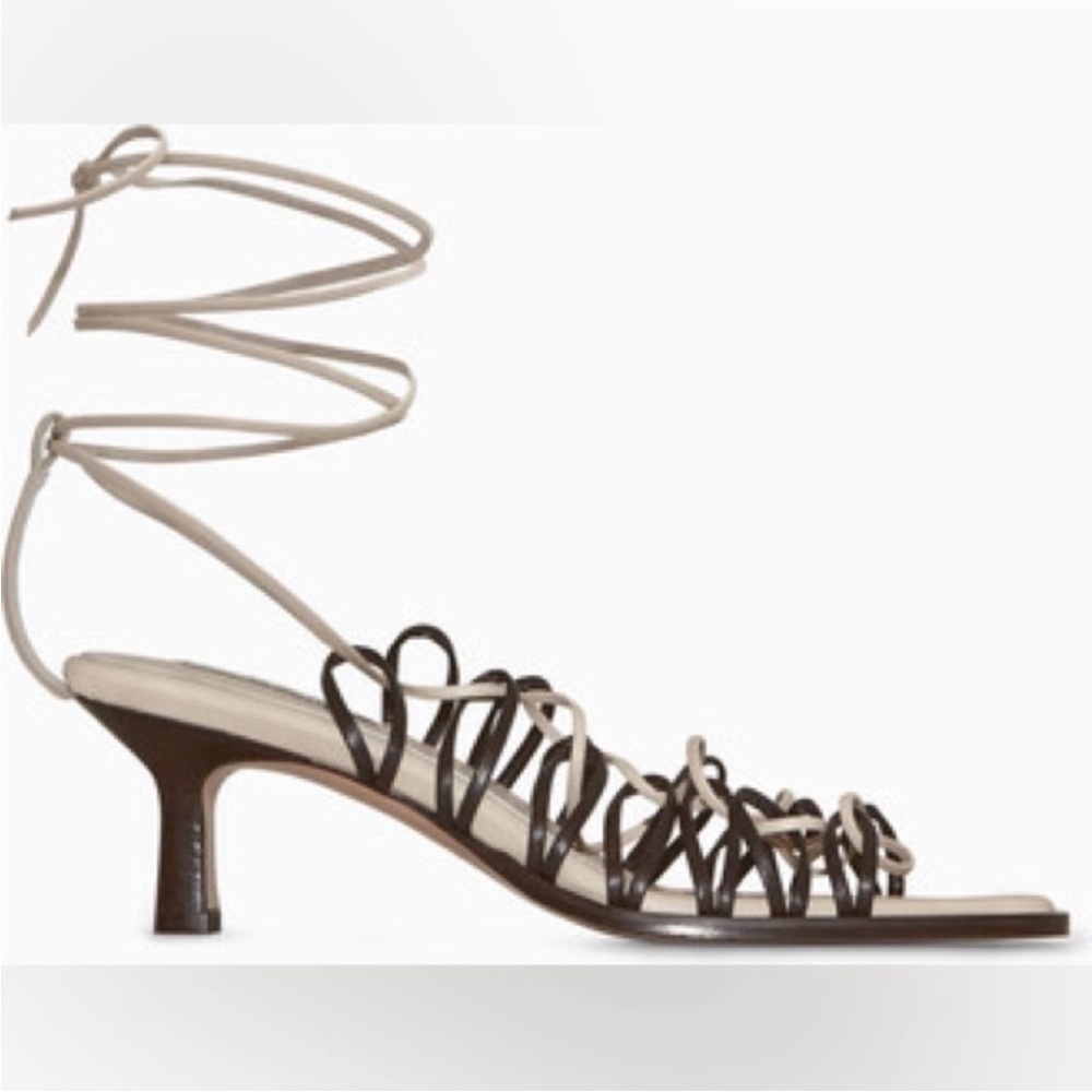 COS Lace Up Leather Heeled Sandals Black Cream Size 6